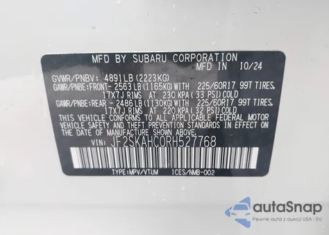 2024 Subaru Forester Wilderness z USA, uszkodzony, nr VIN JF2SKAHC0RH527768